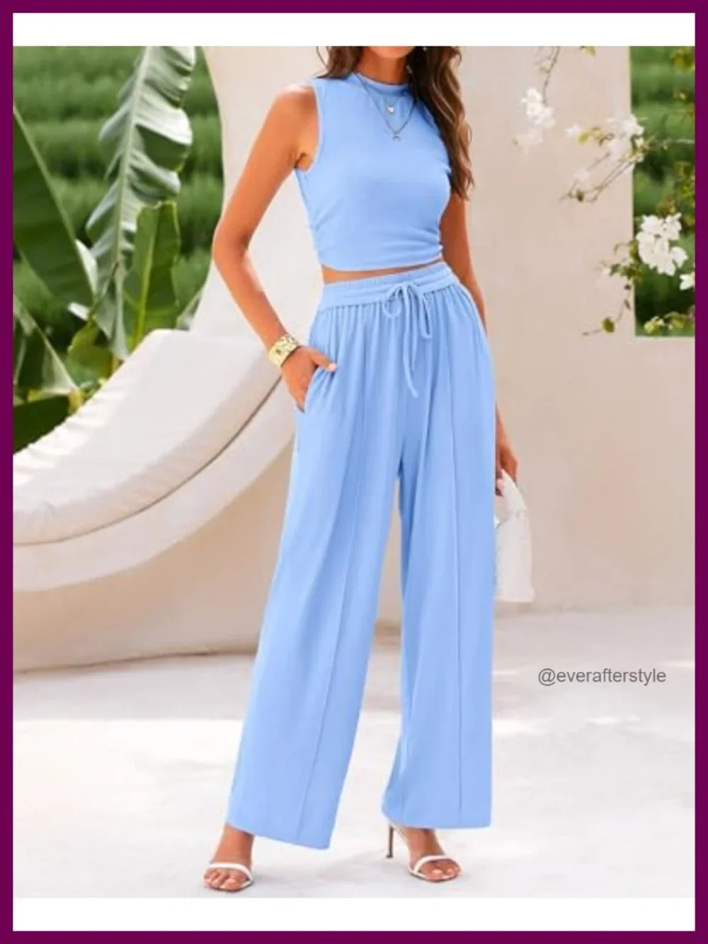 Ribbed Knit 2 Piece Outfit Lounge Matching Set Women Travel Crop Top Wide Leg